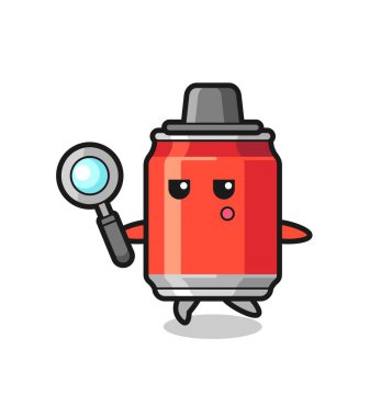 İçecek kutusu çizgi film karakteri büyüteçle arıyor, tişört, etiket, logo elementi için şirin bir tasarım.