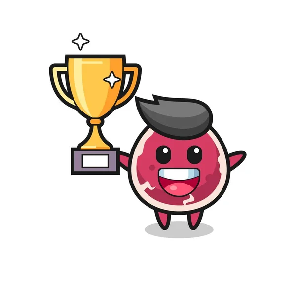 Dibujos Animados Ilustración Carne Vacuno Feliz Sosteniendo Trofeo Oro Diseño — Vector de stock