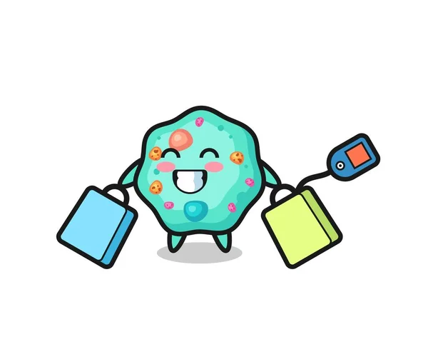 Dibujos Animados Mascota Ameba Celebración Una Bolsa Compras Lindo Diseño — Vector de stock