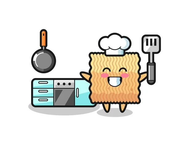 Illustration Personnage Nouilles Instantanées Crues Comme Chef Cuisine Conception Style — Image vectorielle