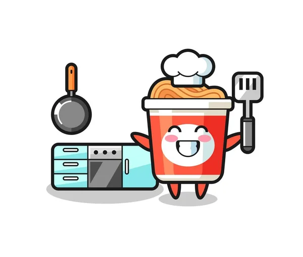 Instant Noodle Character Illustration Chef Cooking Cute Style Design Shirt — Stock Vector