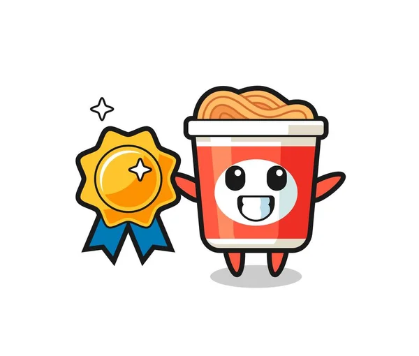 Instant Noodle Mascot Illustration Holding Golden Badge Cute Style Design — Stock Vector