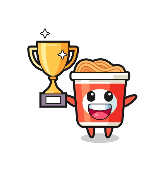 Cartoon Illustration Instant Noodle Happy Holding Golden Trophy Cute Style — Stock Vector