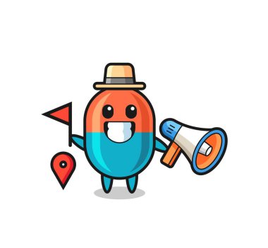 Tur rehberi olarak kapsülün karakter karikatürü, tişört, etiket, logo elemanı için şirin bir tasarım.