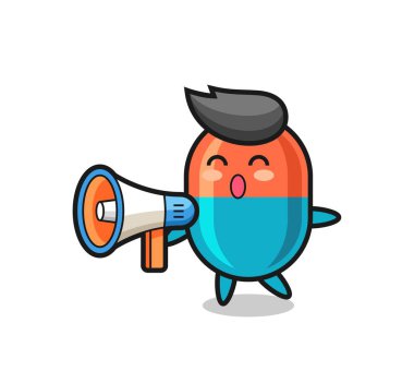 T-shirt, etiket, logo ögesi için sevimli bir tasarım olan megafon tutan kapsül karakter çizimi