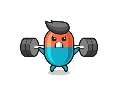 Halterli kapsül maskot çizgi filmi, tişört, çıkartma, logo elementi için şirin bir tasarım.