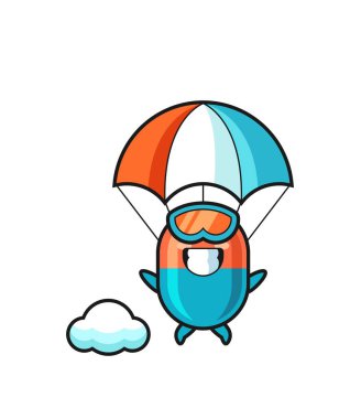 Kapsül maskot karikatürü mutlu bir jest, tişört, çıkartma, logo elementi için şirin bir tasarım ile skydiving yapıyor.