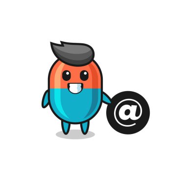 Sembolün yanında duran kapsülün çizgi film çizimi, tişört, etiket, logo elementi için şirin bir tasarım.