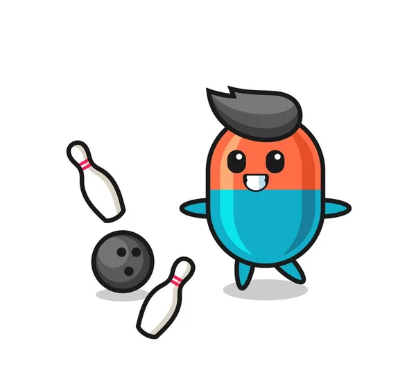 Caricatura Personaje Cápsula Está Jugando Bolos Lindo Diseño Estilo Para — Vector de stock