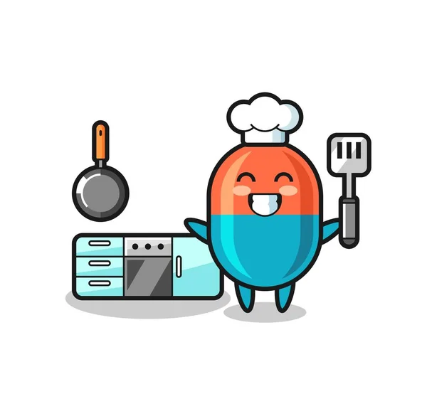 Aşçı Olarak Kapsül Karakter Çizimi Yemek Pişiriyor Tişört Çıkartma Logo — Stok Vektör