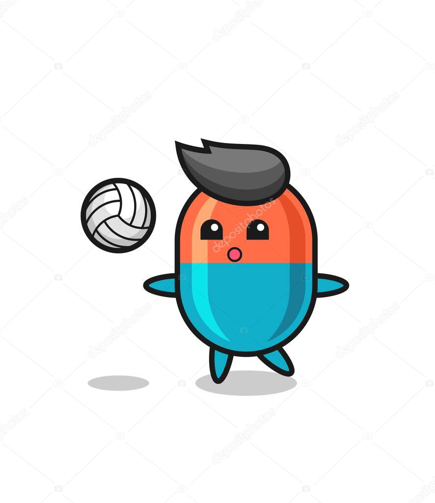 Character cartoon of capsule is playing volleyball , cute style design for t shirt, sticker, logo element