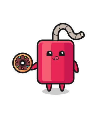 Tişört, etiket, logo elementi için tatlı bir tasarım olan çöreği yiyen dinamit karakterin bir tasviri