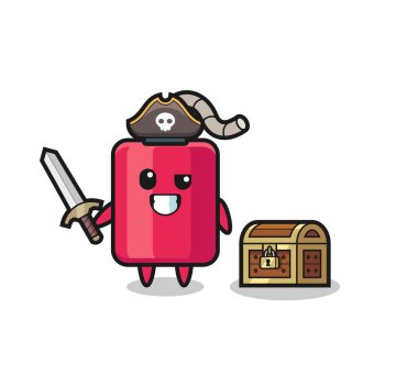 Hazine kutusunun yanında kılıç tutan dinamit gibi bir korsan. Tişört, çıkartma, logo elementi için şirin bir tasarım.