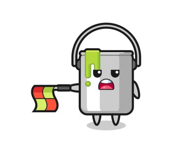 Çizgi hakimi olarak boya teneke karakteri bayrağı yatay tut, tişört, çıkartma, logo elementi için şirin bir tasarım.