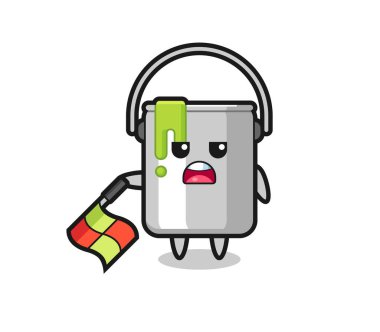 Çizgi hakimi olarak boya teneke karakteri bayrağı 45 derecelik açıyla aşağıda tut, tişört, çıkartma, logo elementi için şirin bir tasarım.