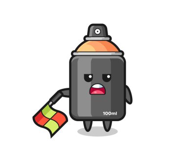 Çizgi yargıcı olarak sprey boya karakteri bayrağı 45 derecelik açıyla aşağıda tut, tişört, çıkartma, logo elementi için şirin bir tasarım.