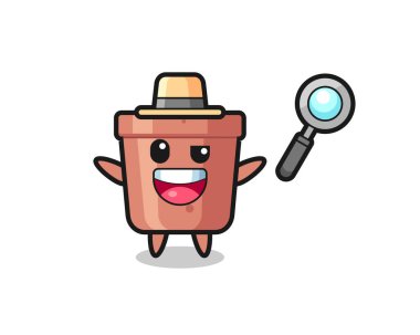 Çiçek saksısı maskotunun bir davayı çözen bir dedektif olarak tasviri. Gömlek, çıkartma, logo elementi için şirin bir tasarım.