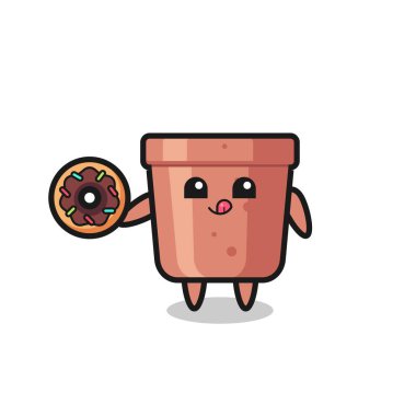 Tişört, etiket, logo elementi için şirin bir tasarım olan donut yiyen bir çiçek saksısı karakteri tasviri
