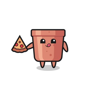 Tatlı çiçek saksısı pizza yiyen çizgi film, tişört, çıkartma, logo elementi için şirin bir tasarım.