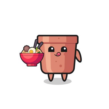 Erişte yiyen sevimli bir çiçek saksısı karakteri tişört, çıkartma, logo elementi için şirin bir tasarım.