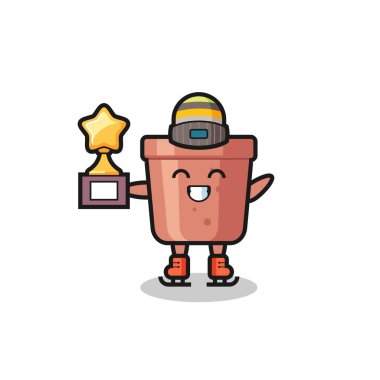 Bir buz patencisi olarak çiçek saksısı çizgi filmi. Kazanan kupa, tişört, etiket, logo elementi için şirin bir tasarım.