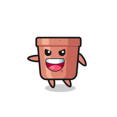 Çok heyecanlı pozlu bir çiçek saksısı karikatürü, tişört, çıkartma, logo elementi için şirin bir tasarım.