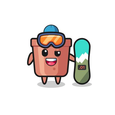 Snowboard tarzı çiçek saksısı karakteri, tişört, çıkartma, logo elementi için şirin bir tasarım.