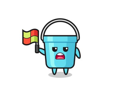 Plastik kova karakteri çizgi hakemi olarak bayrağı kaldırıyor, tişört, çıkartma, logo elementi için şirin bir tasarım.