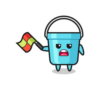 Plastik kova karikatürü çizgi film yargıcı bayrağı 45 derecelik açıyla kaldırıyor, tişört, çıkartma, logo elementi için şirin bir tasarım.