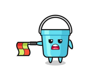 Plastik kova karakteri çizgi hakemi olarak bayrağı yatay tutun, tişört, çıkartma, logo elementi için şirin bir tasarım yapın