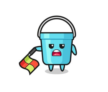 Plastik kova karakteri çizgi hakemi olarak bayrağı 45 derecelik açıyla tutun, tişört, çıkartma, logo elementi için şirin bir tasarım yapın.