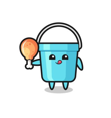 Plastik kova sevimli maskot kızarmış tavuk yiyor. Tişört, çıkartma, logo elementi için şirin bir tasarım.