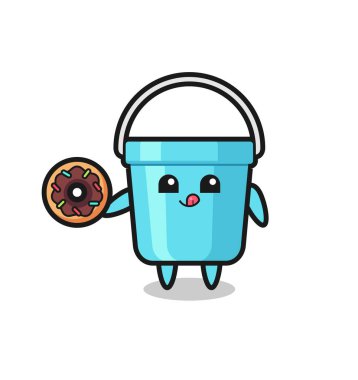 Tişört, etiket, logo elementi için şirin bir tasarım olan donut yiyen plastik kova karakterinin bir tasviri