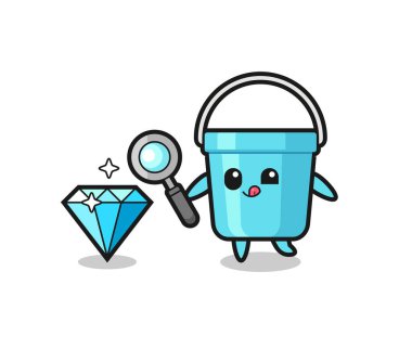 Plastik kova maskotu elmasın orijinalliğini kontrol ediyor. Tişört, çıkartma, logo elementi için şirin bir tasarım.