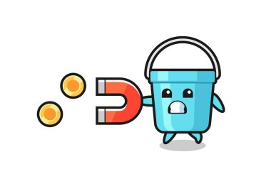 Plastik kovanın karakteri altın sikkeleri yakalamak için bir mıknatıs tutar, tişört, çıkartma, logo elementi için şirin bir tasarım.