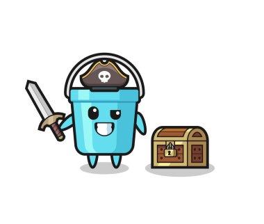 Bir hazine kutusunun yanında kılıç tutan plastik kova karakteri. Tişört, çıkartma, logo elementi için şirin bir tasarım.