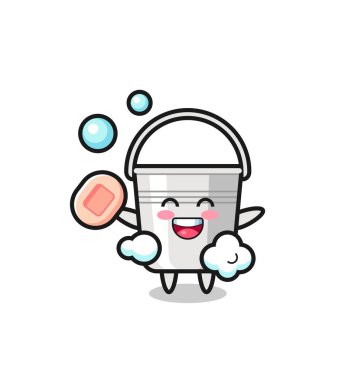 Metal kova karakteri sabun tutarken banyo yapıyor. Tişört, çıkartma, logo elementi için şirin bir tasarım.