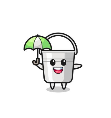 Şemsiye tutan sevimli metal kova illüstrasyonu, tişört, etiket, logo elementi için şirin tasarım