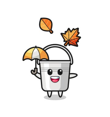Sonbaharda elinde şemsiye tutan sevimli metal kova karikatürü tişört, çıkartma ve logo elementi için şirin bir tasarım.