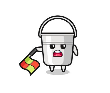 Metal kova karakteri çizgi hakemi olarak bayrağı 45 derecelik açıyla aşağıda tut, tişört, çıkartma, logo elementi için şirin bir tasarım.