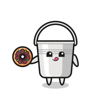 Tişört, etiket, logo elementi için tatlı bir tasarım olan çöreği yiyen metal bir kova karakterin çizimi