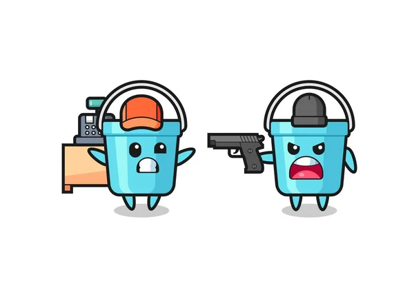 Illust Cute Plastic Bucket Cashier Pointed Gun Robber Cute Style — Vector de stock