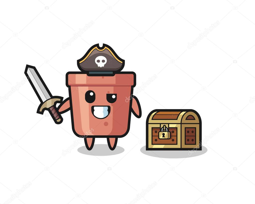 the flowerpot pirate character holding sword beside a treasure box , cute style design for t shirt, sticker, logo element
