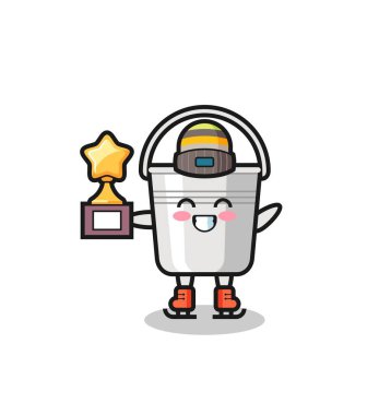 Buz patencisi olarak metal kova karikatürü. Kazanan kupa, tişört, çıkartma, logo elementi için şirin bir tasarım.