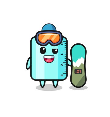 Snowboard stili cetvel karakteri tasviri, tişört, etiket, logo elementi için şirin tasarım