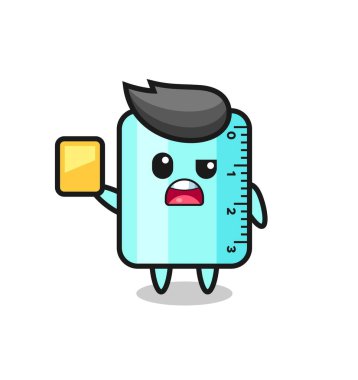 Futbol hakemi olarak çizgi film cetvel karakteri sarı kart veriyor, tişört, çıkartma, logo elementi için şirin bir tasarım.