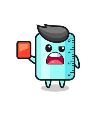 Hakem olarak cetvel şirin maskot kırmızı kart veriyor. Tişört, çıkartma, logo elementi için şirin bir tasarım.