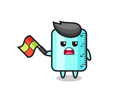 Çizgi film yargıcı olarak cetvel çizgi filmi bayrağı 45 derecelik açıyla kaldırın, tişört, çıkartma, logo elementi için şirin bir tasarım yapın