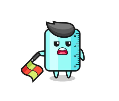 Cetvel karakteri çizgi hakemi olarak bayrağı 45 derecelik açıyla aşağıda tut, tişört, etiket, logo elementi için şirin bir tasarım.