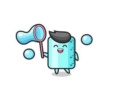 Mutlu cetvel çizgi filmi sabun köpüğü oynuyor, tişört, etiket, logo ögesi için şirin bir tasarım.